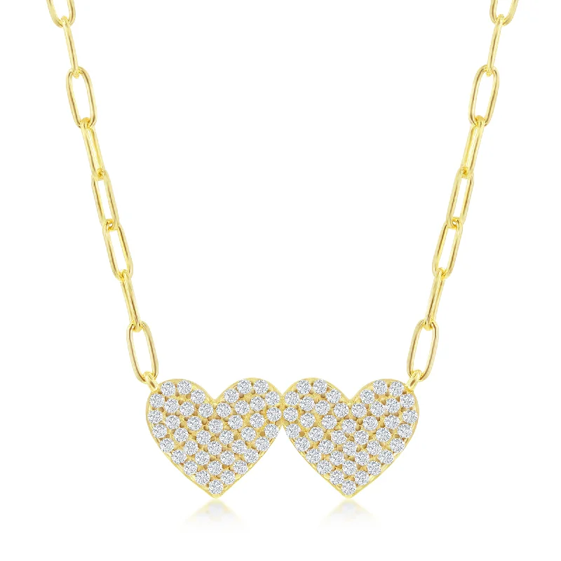 Pastel beaded necklaces-Gold Plated Over Sterling Silver Double Heart CZ Paperclip Necklace