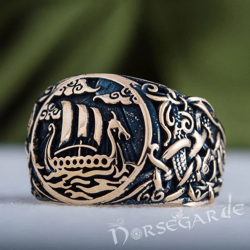 Raised texture rings-Handcrafted Drakkar Mammen Style Ring - Bronze