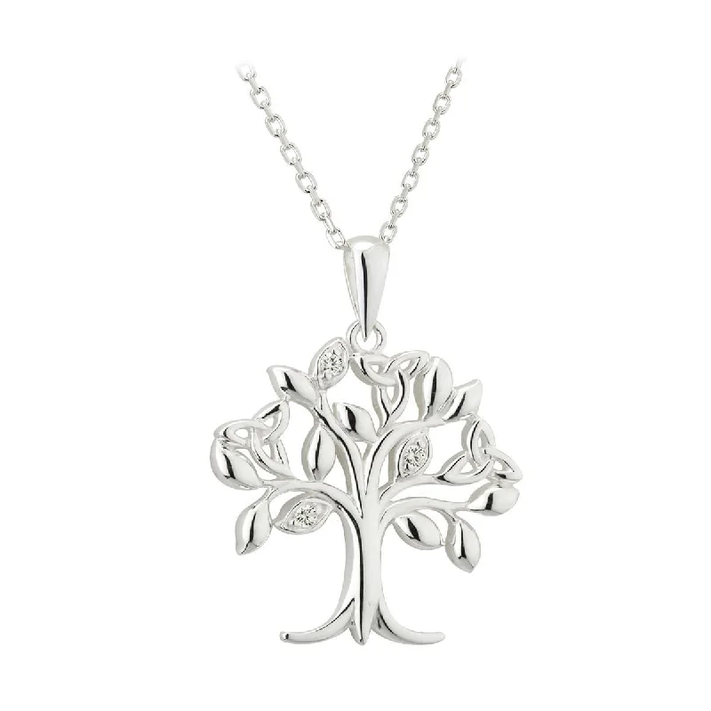 Jazz age necklaces-Silver Tree of Life Necklace with Trinity Knots & Crystals