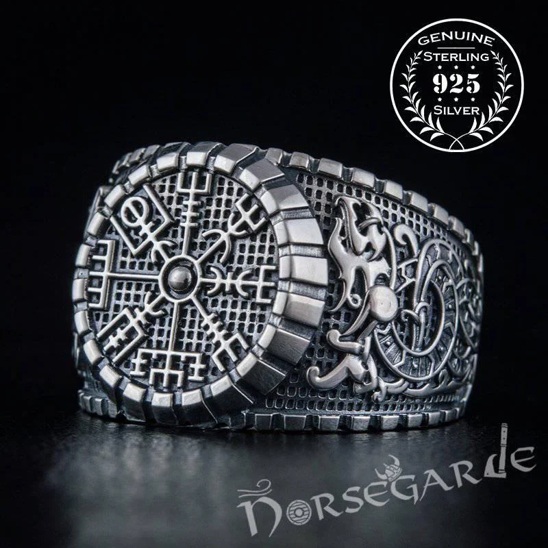 Raised texture rings-Handcrafted Vegvisir Viking Ornament Signet Ring - Sterling Silver