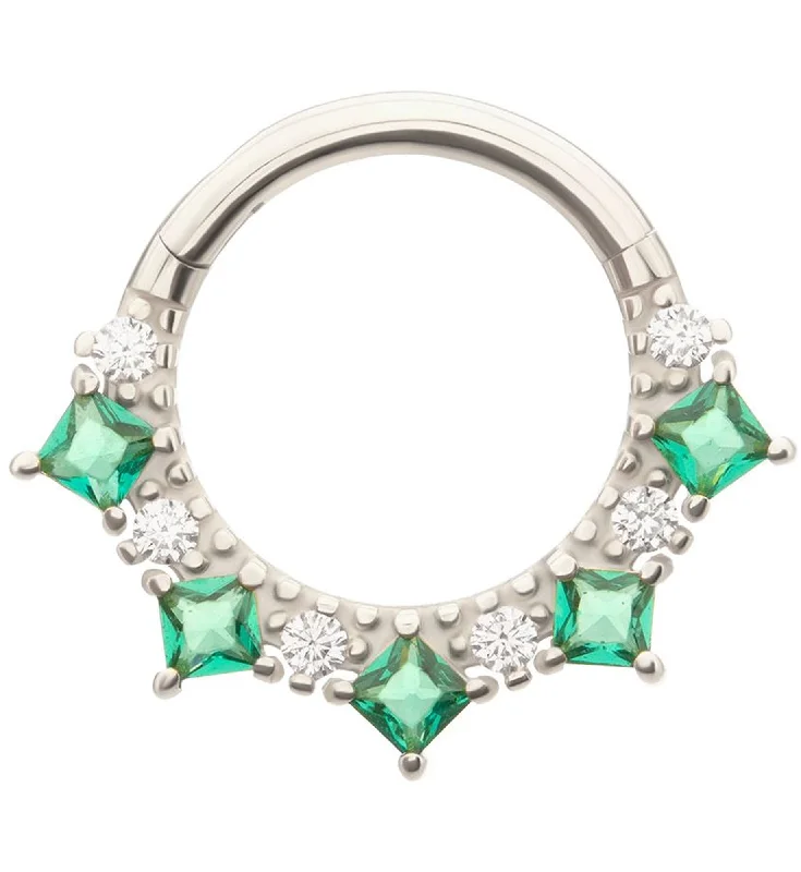 Opulent cocktail rings-14kt White Gold Beaded Princess Emerald CZ Hinged Segment Ring