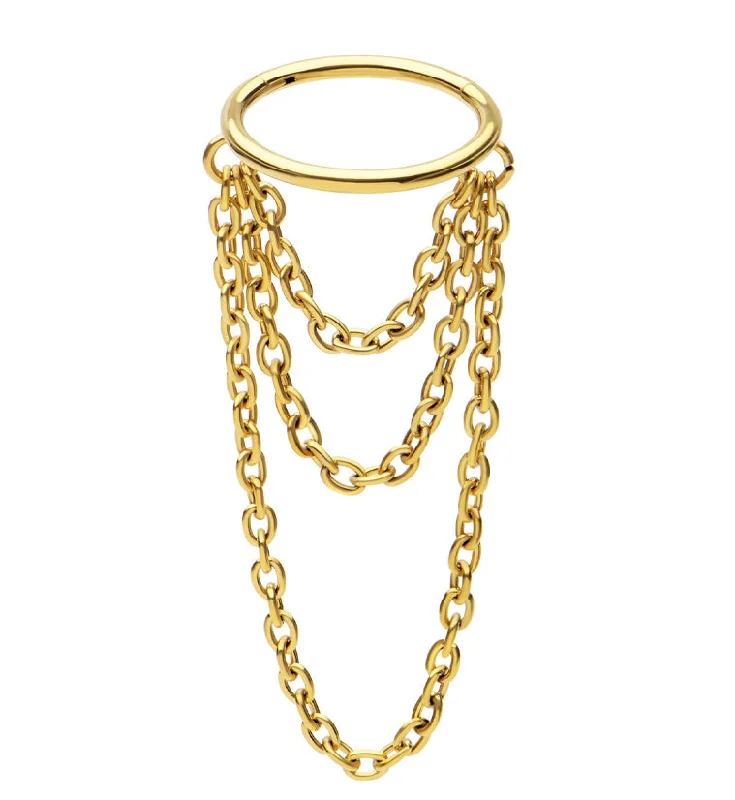 Clustered stone rings-Gold PVD Abaft Triple Dangle Chain Stainless Steel Hinged Segment Ring