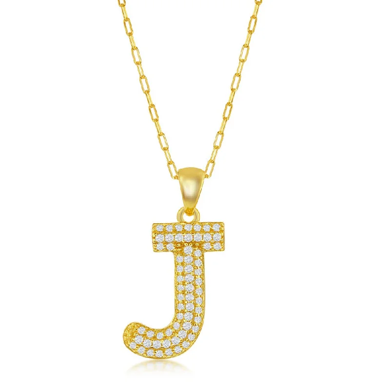 Sleek bar necklaces-Sterilng Silver Micro Pave CZ  'J'  Block Initial w/ Paperclip Chain - Gold Plated