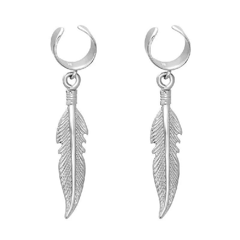 Circle stud earrings-Sterling Silver Feather Ear Cuff Earrings