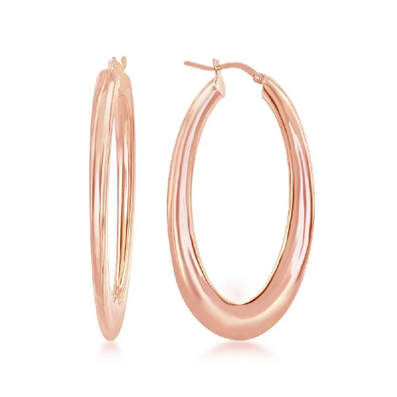 Silky pearl earrings-Sterling Silver Rose Gold Plated Bottom Flat Oval Hoop Earrings