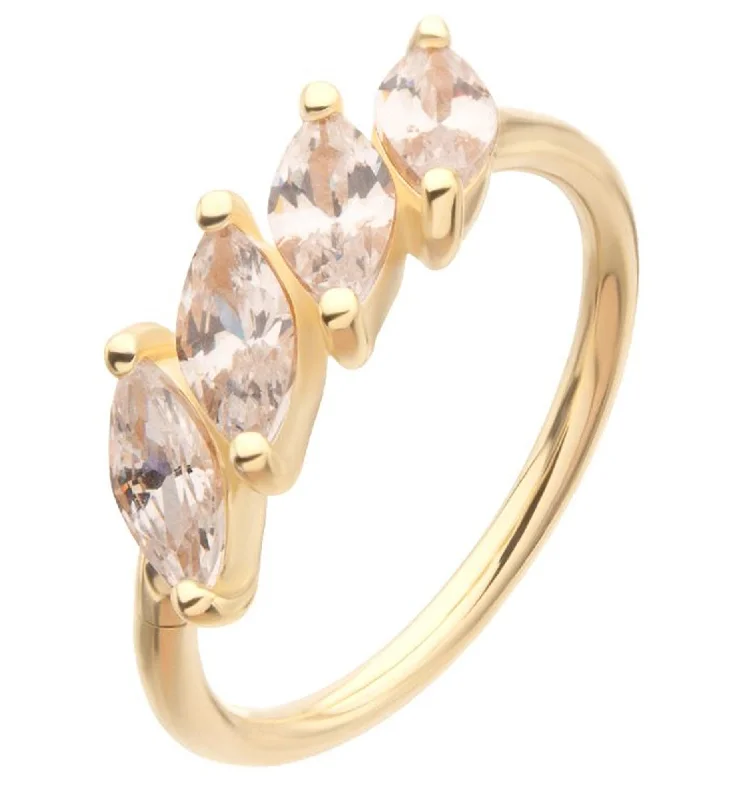 Timeless deco rings-14kt Gold Quad Slant Clear CZ Hinged Segment Ring