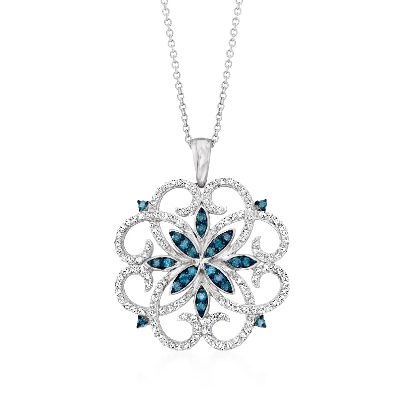 Child birthstone necklaces-Ross-Simons Blue and White Diamond Scrolling Medallion Pendant Necklace in Sterling Silver