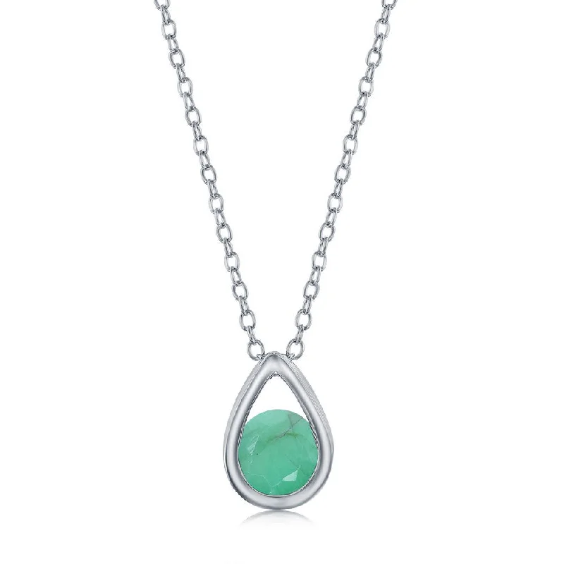 Vintage charm necklaces-Sterling Silver Pearshaped Necklace w/Round 'May Birthstone' Gem - Emerald