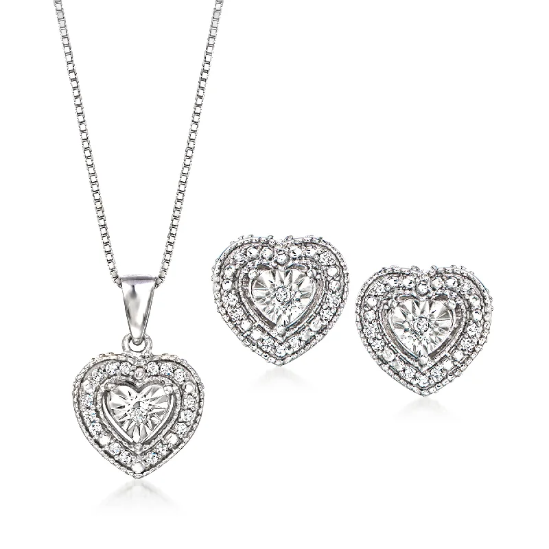 Slide clasp necklaces-Ross-Simons Diamond Jewelry Set: Heart-Shaped Earrings and Pendant Necklace in Sterling Silver