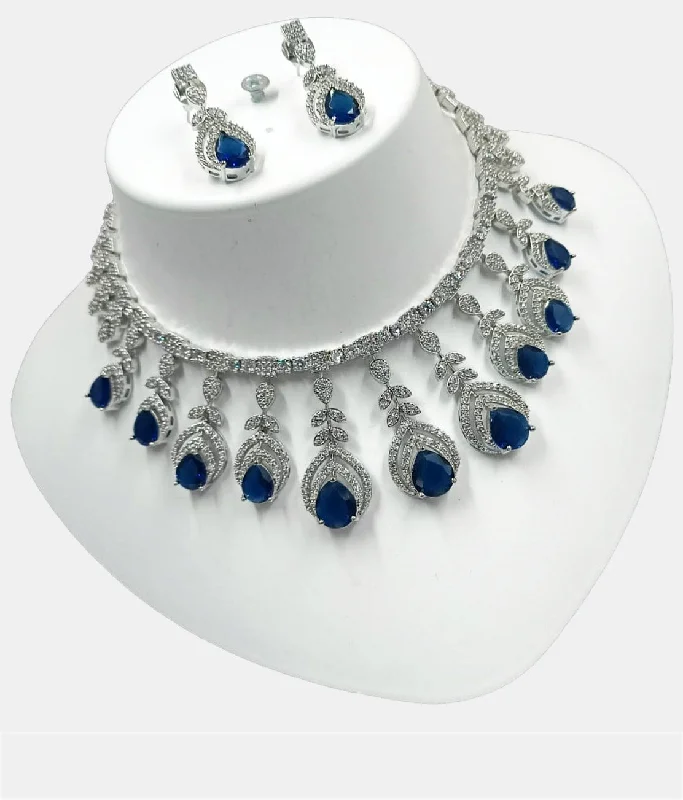 Gypsy weave earrings-Silver Blue Iconic Bollywood Style Dazzle Necklace Diamond Set with Earrings