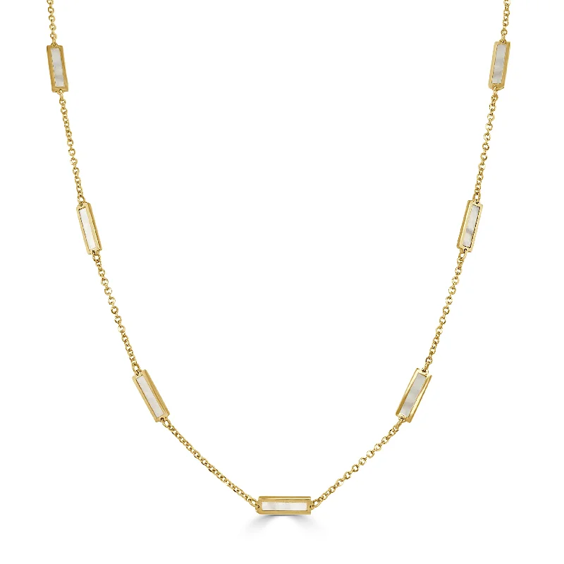 Baroque style necklaces-14K Gold Station Bar Mother of Pearl Necklace adjustable 16-18"