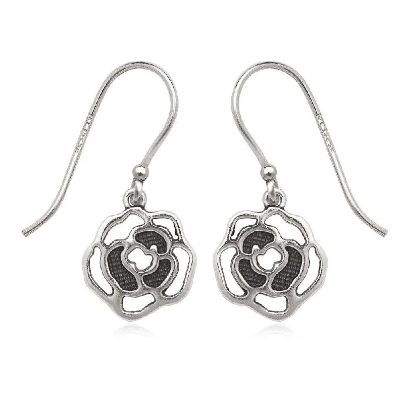 Orchid motif earrings-Sterling Silver Oxidized Open Rose Earrings