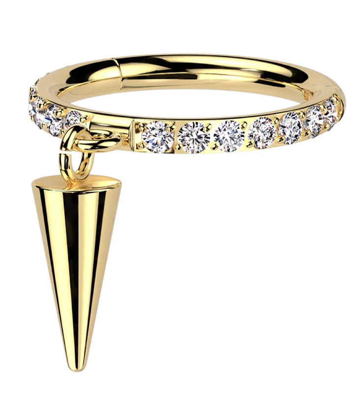 Baroque style rings-Gold PVD Side Facing Cone Dangle Clear CZ Row Titanium Hinged Segment Ring