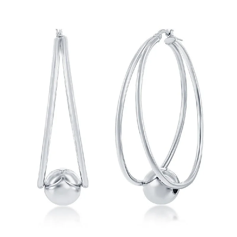 Solid hoop earrings-Sterling Silver Double Oval with 12mm Bead Earrings