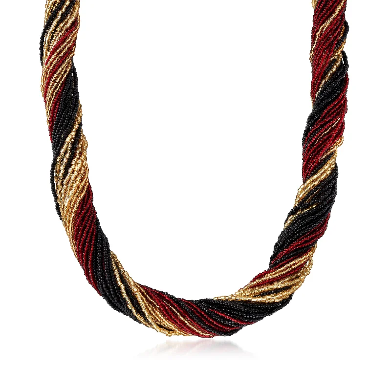 Timeless style necklaces-Ross-Simons Italian Red, Black and Gold Murano Glass Bead Torsade Necklace in 18kt Gold Over Sterling