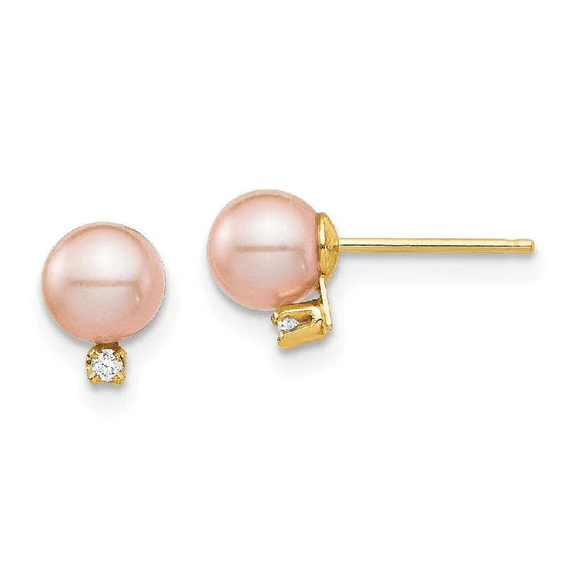 Gypsy weave earrings-Madi K Kid's 14K  5-6mm Pink Round FW Cultured Pearl .02ct Diamond Post Earrings