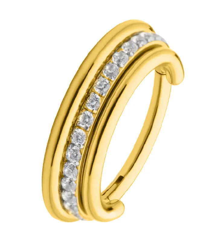 Reed style rings-Gold PVD Center Clear CZ Row Stainless Steel Hinged Segment Ring