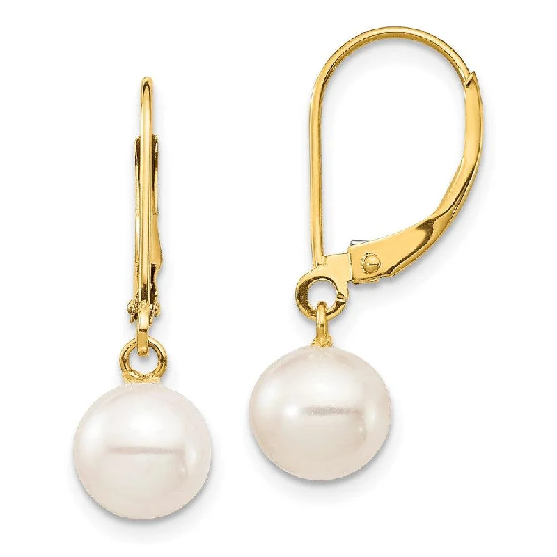 Apatite earrings-14K 7-8mm White Round Freshwater Cultured Pearl Leverback Earrings