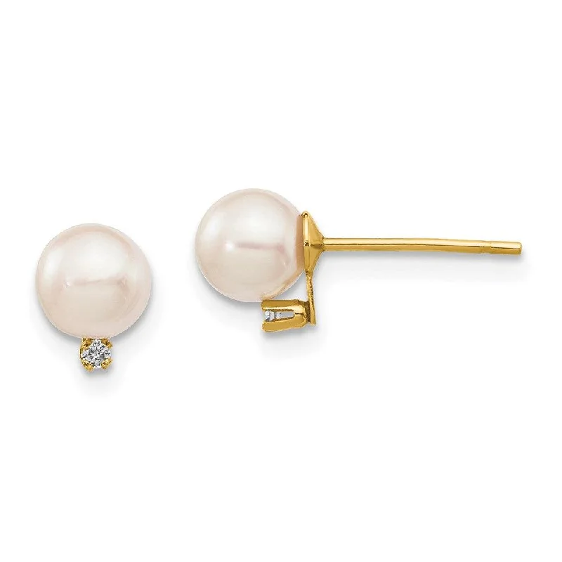 Raised texture earrings-14k 5-6mm White Round Saltwater Akoya Cultured Pearl Diamond Post Earrings