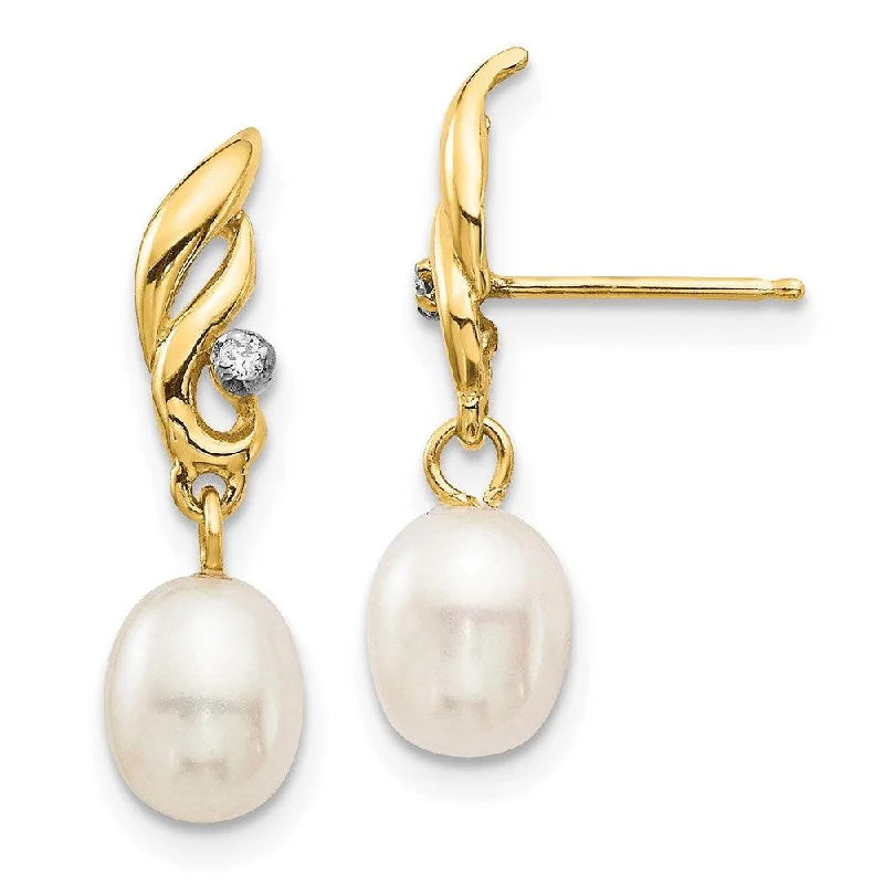 Opulent tier earrings-14K 5-6mm White Rice FW Cultured Pearl .02ct Diamond Dangle Earrings