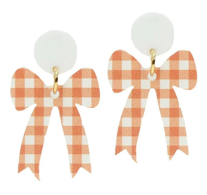 Matte glass earrings-Gameday Bow Earring - Orange + White Checkered