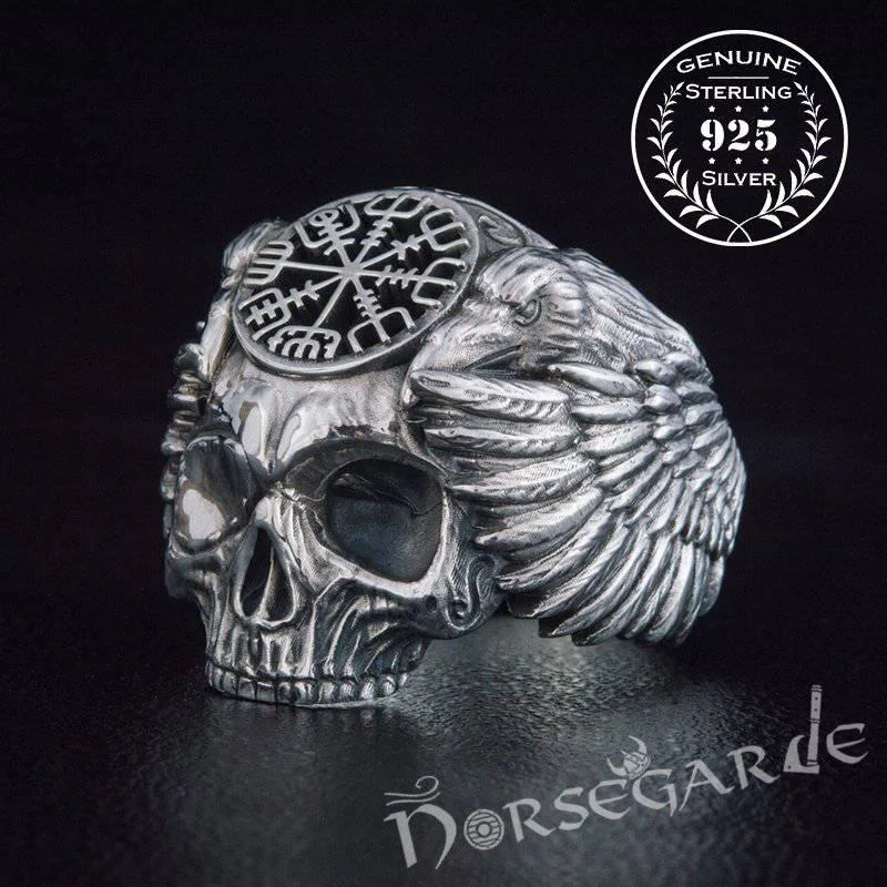 Timeless deco rings-Handcrafted Vegvisir Skull and Ravens Ring - Sterling Silver