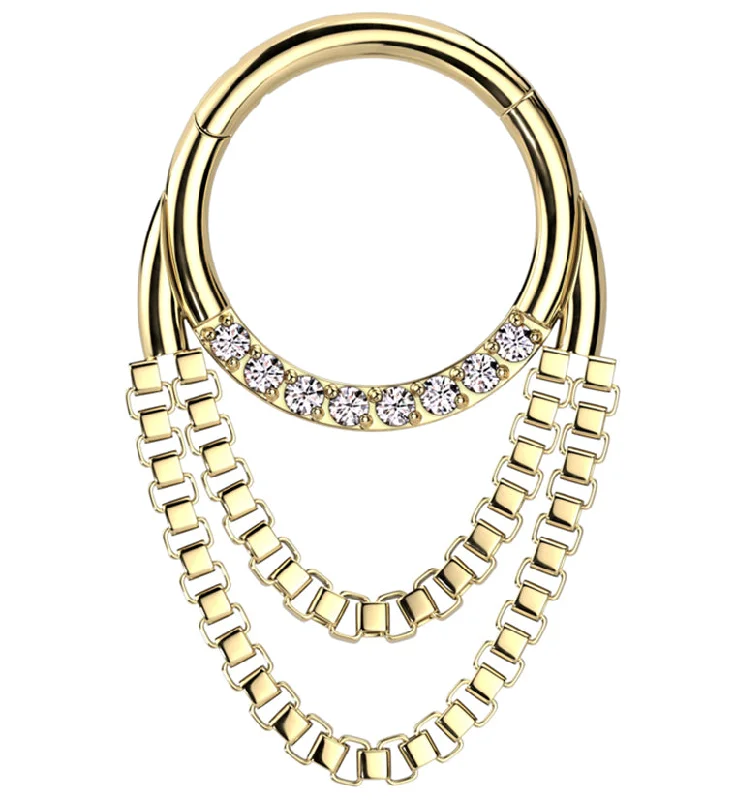 Solid band rings-Gold PVD Clear CZ Double Dangle Chain Titanium Hinged Segment Ring