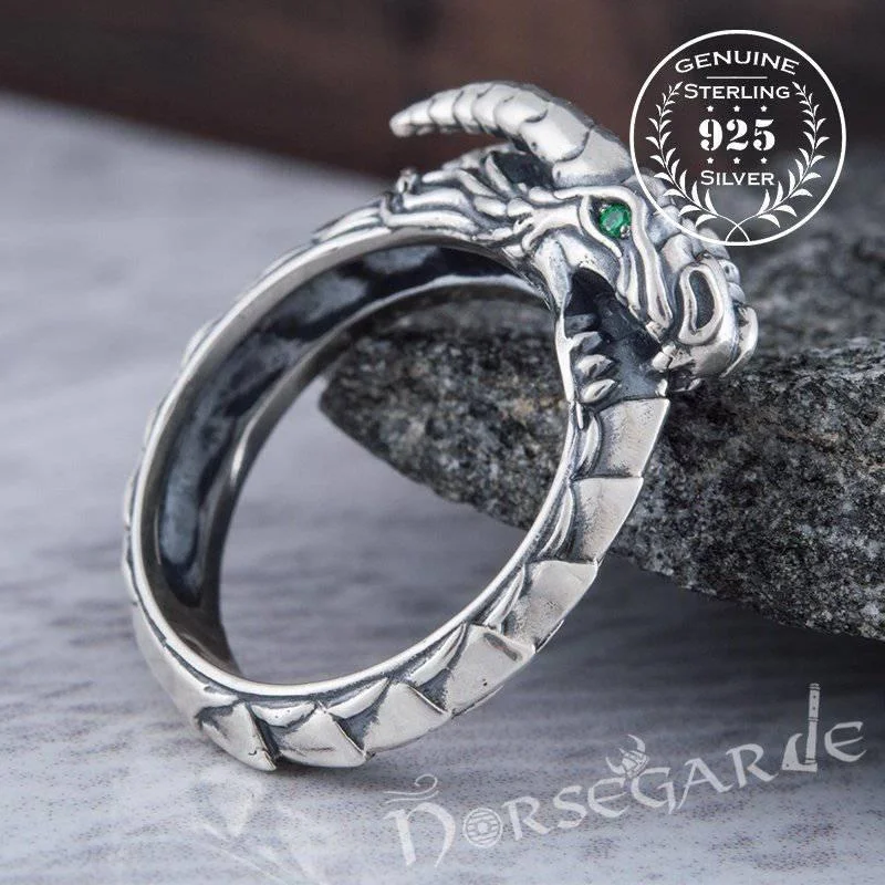 Matte bead rings-Handcrafted Green Eyed Jormungandr Ring - Sterling Silver