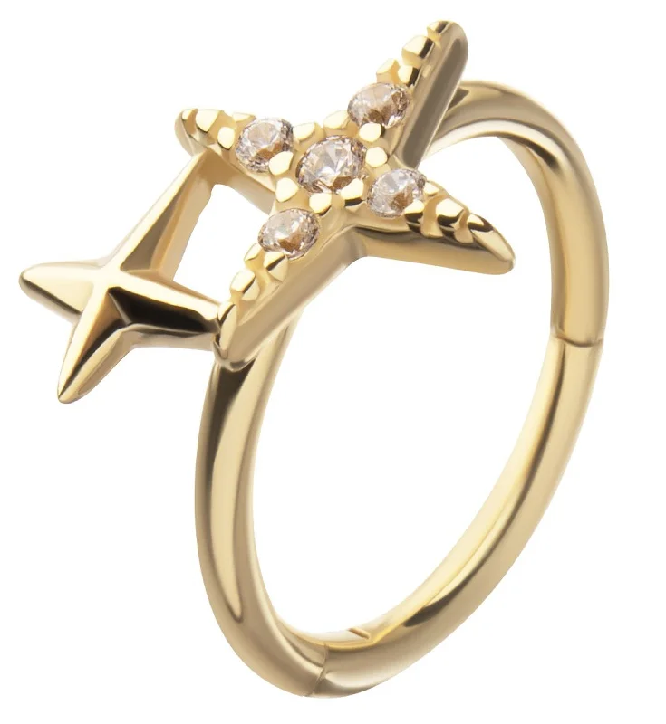 Bare frame rings-14kt Gold Double Four Point Star Clear CZ Hinged Segment Ring