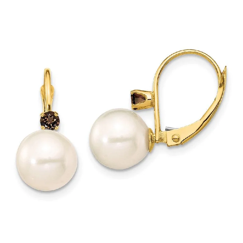 Relic coin earrings-14K 8-8.5mm White Round FWC Pearl Smokey Quartz Leverback Earrings