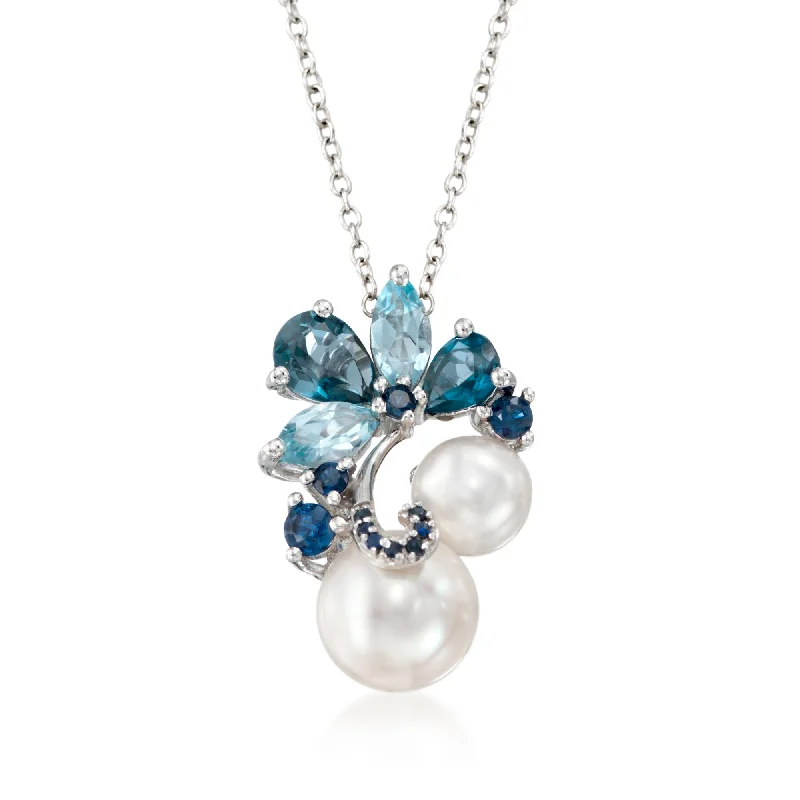 Child birthstone necklaces-Ross-Simons 7-9.5mm Cultured Pearl and Multi-Gemstone Pendant Necklace in Sterling Silver