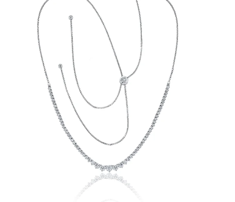 Tide pattern necklaces-14 kt white gold, 17"  diamond bolo graduated half-way necklace featuring 4.40 cts tw round diamonds