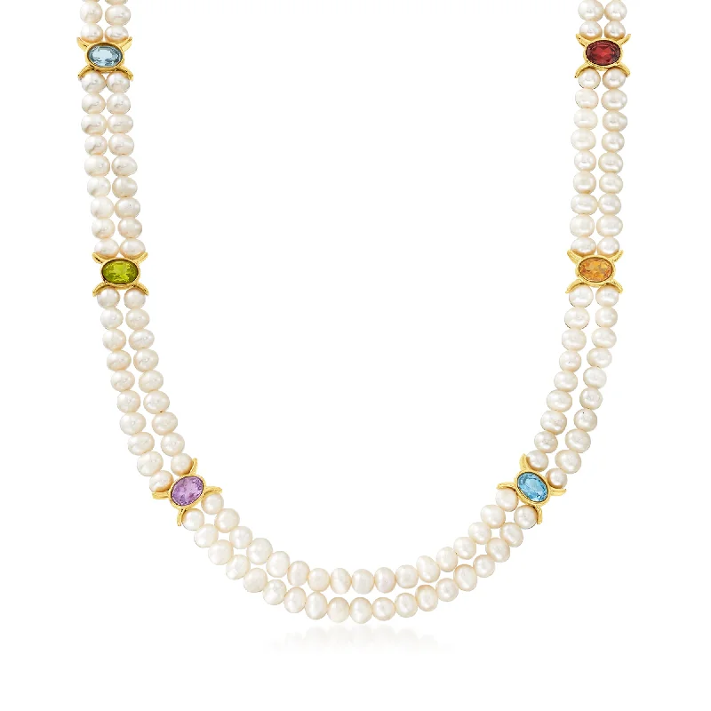 Matte enamel necklaces-Ross-Simons 4.5-5.5mm Cultured Pearl 2-Strand Necklace With Multi-Gemstones in 18kt Gold Over Sterling