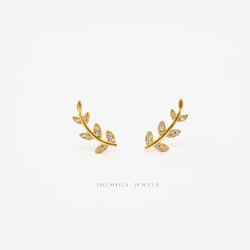 Corded satin earrings-CZ Leaf Climber Earrings, Gold, Silver SHEMISLI - SS208 LR