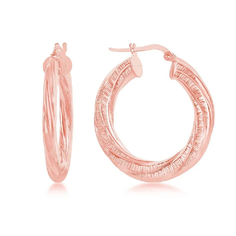 Sleek threader earrings-Sterling Silver Rose Gold Plated Twisted Designed Hoop Earrings