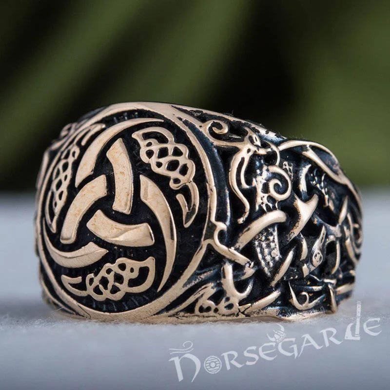 Patina bronze rings-Handcrafted Horn Triskelion Mammen Style Ring - Bronze