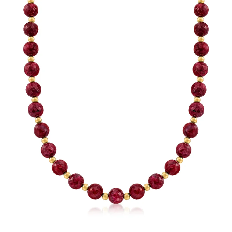 Corded link necklaces-Ross-Simons Ruby Bead Necklace With 14kt Yellow Gold