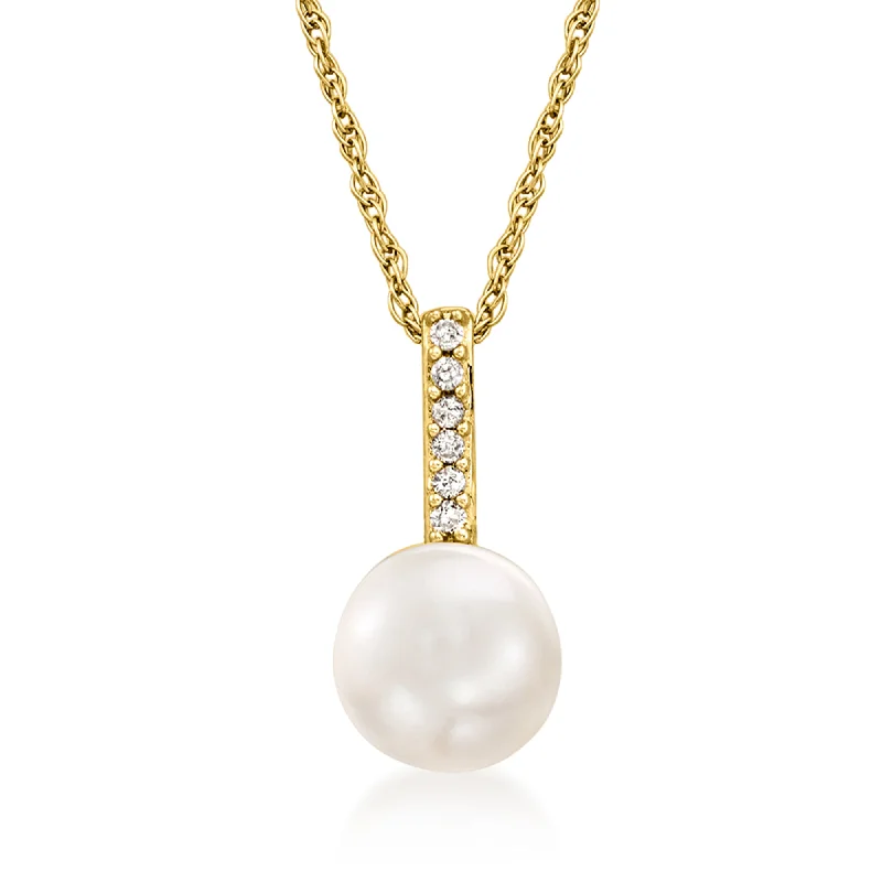 Thread tassel necklaces-Ross-Simons 6-6.5mm Cultured Pearl Pendant Necklace With Diamond Accents in 14kt Yellow Gold