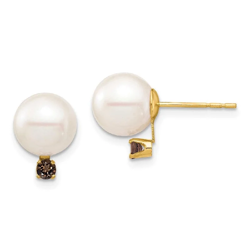 Stamped disc earrings-14K 8-8.5mm White Round Freshwater Cultured Pearl Smoky Quartz Post Earring