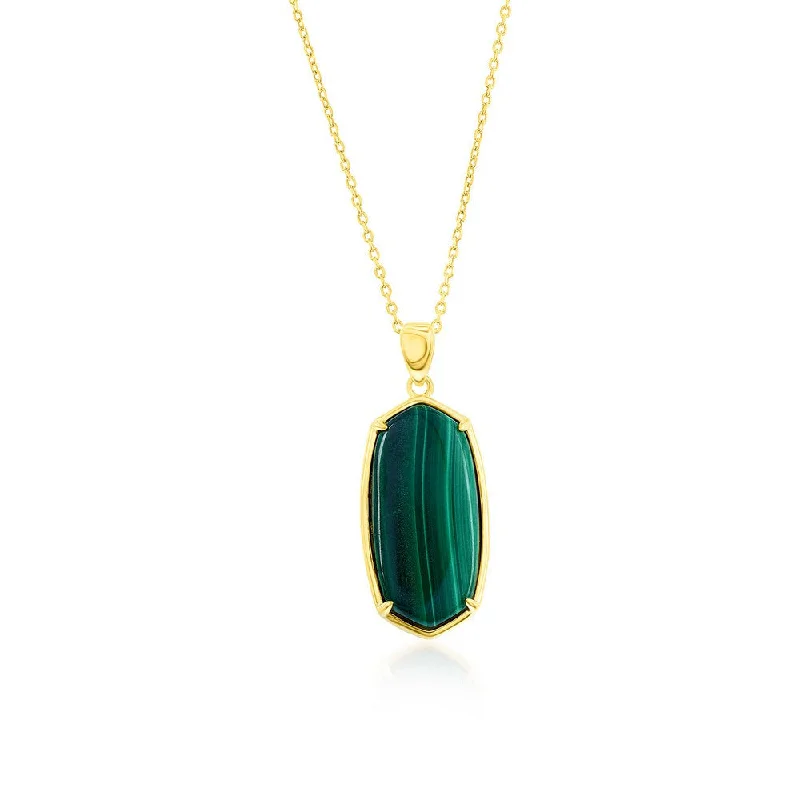 Vivid gem necklaces-Sterling Silver Long Hexagon Malachite Pendant Necklace - Gold Plated