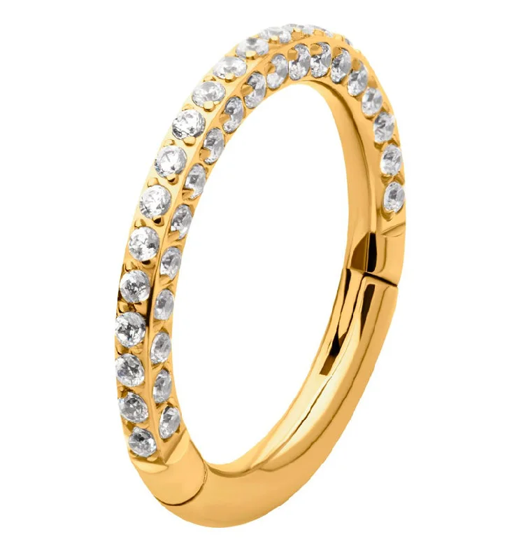 Coil band rings-24kt Gold PVD Triple Sided Clear CZ Titanium Hinged Segment Ring