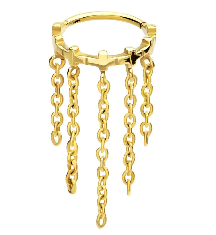 Solid stone rings-Gold PVD Cross Row Dangle Chains Stainless Steel Hinged Segment Ring