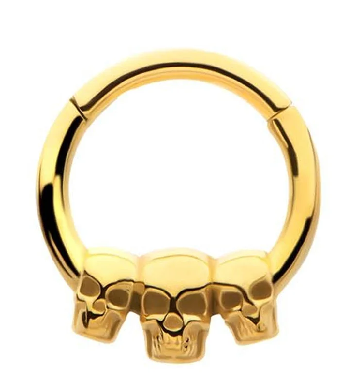 Petite pearl rings-Gold PVD Triple Skull Stainless Steel Hinged Segment Ring