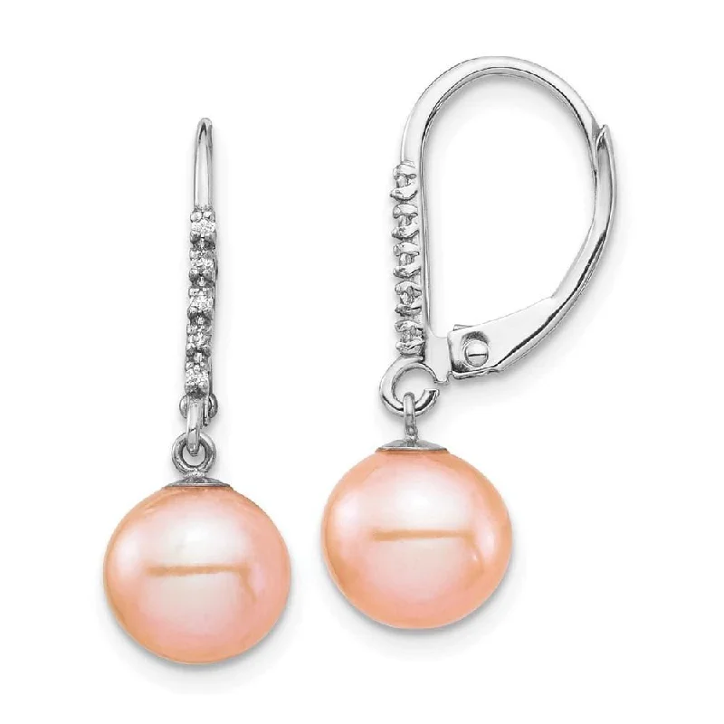 Lunar themed earrings-14k White Gold 8-9mm Pink FWC Pearl .05ct Diamond Leverback Earrings