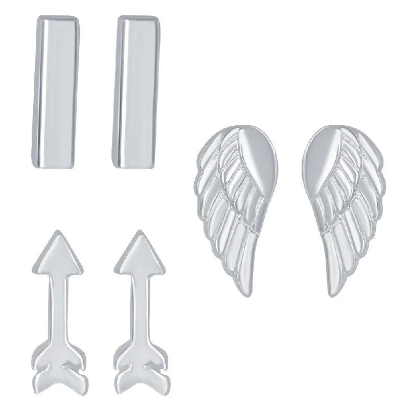 Pearl cluster earrings-Sterling Silver Bar Arrow and Angel Wings Stud Earrings, Set of 3