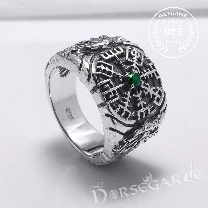 Flex open rings-Handcrafted Vegvisir and Wolves Gemmed Ring - Sterling Silver