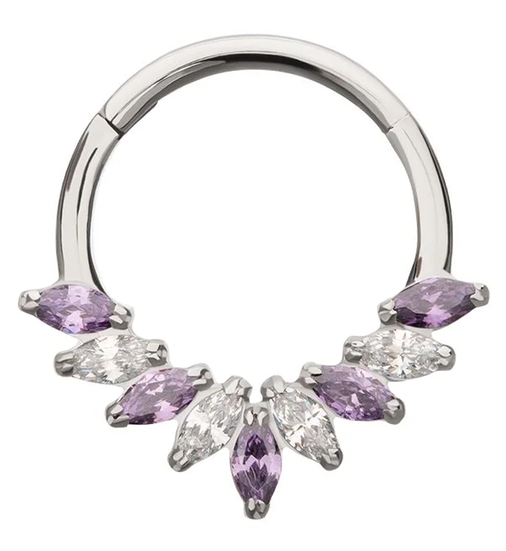 Corded satin rings-Half Crown Cluster Amethyst and Clear CZ Titanium Hinged Segment Ring