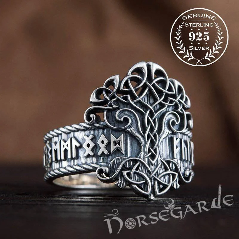 Multi-stone rings-Handcrafted Yggdrasil and Runic Circle Ring - Sterling Silver