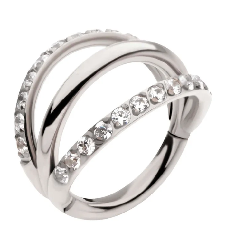 Crisp modern rings-Triple Side Bar Dual Clear CZ Row Titanium Hinged Segment Ring