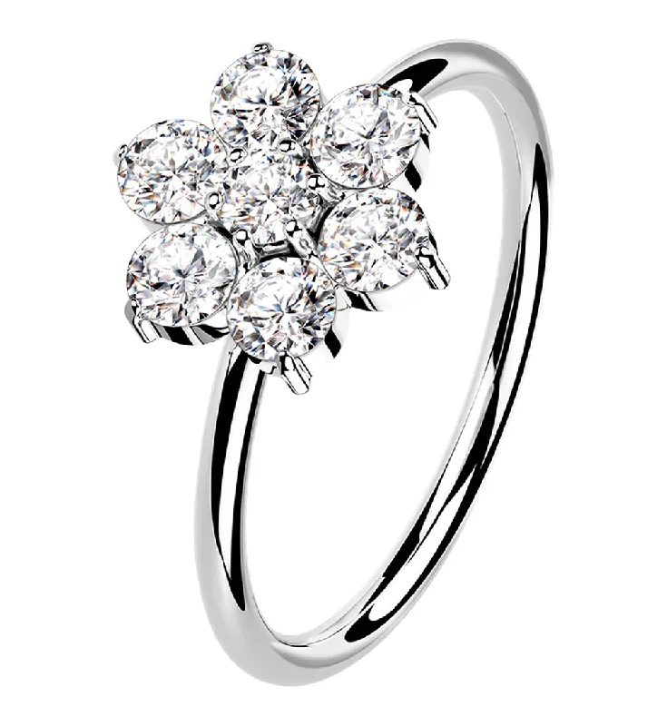 Solid stone rings-14kt White Gold Clear CZ Gem Flower Hoop Ring